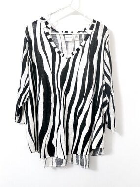 RACHEL ZOE 100% Linen Tunic Blouse Top Womens Plus 3X Black White Zebra Print